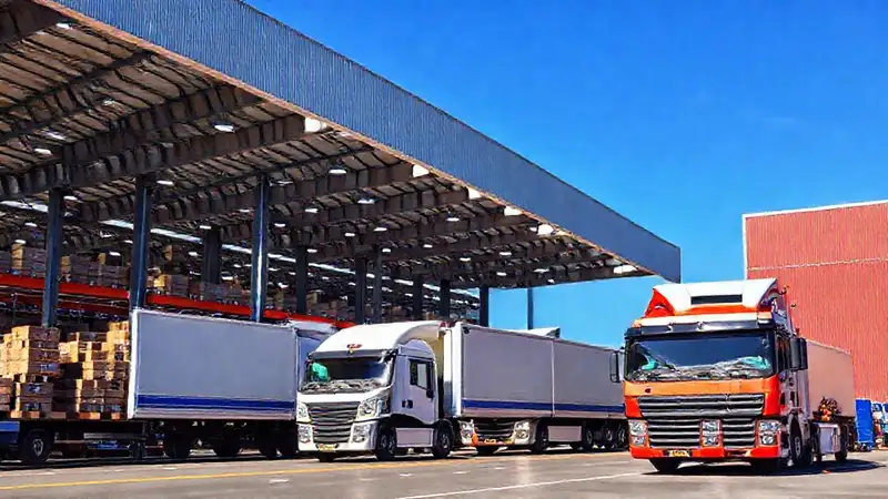 Camiones de carga en un almacén moderno eficiente