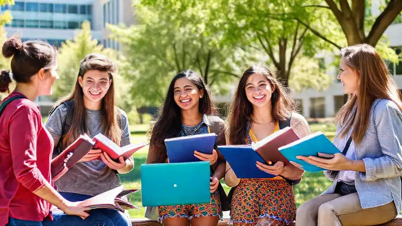 Estudiantes felices estudian en un campus vibrante