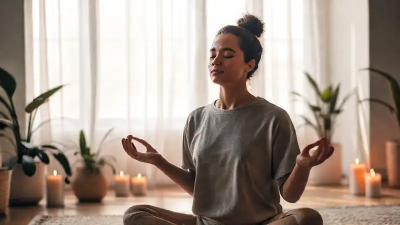 Persona tranquila meditando en espacio sereno