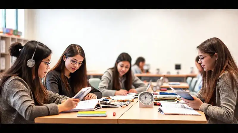 Estudiantes organizados y enfocados con herramientas digitales