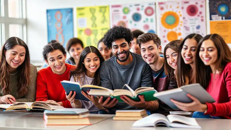 Estudiantes diversos estudiando en un aula moderna
