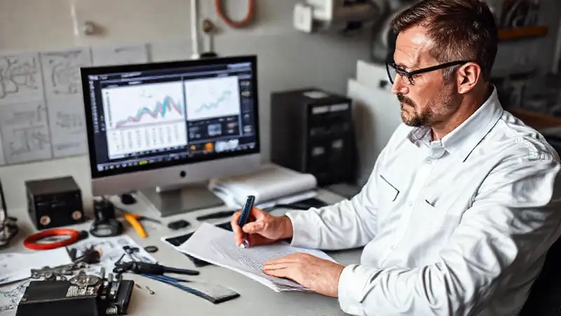 Ingeniero técnico redactando informe en oficina moderna