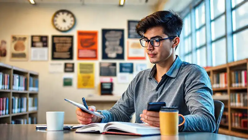 Estudiante estudiando en biblioteca moderna y motivadora