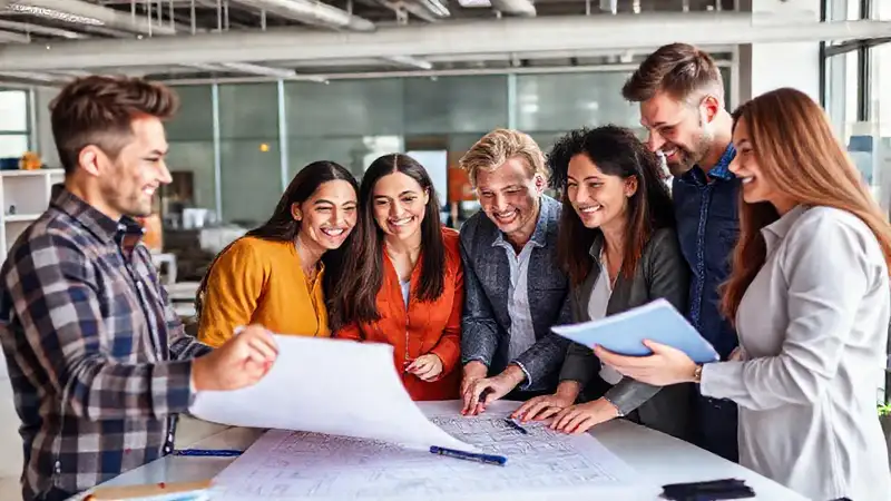 Ingenieros colaboradores en oficina moderna y vibrante
