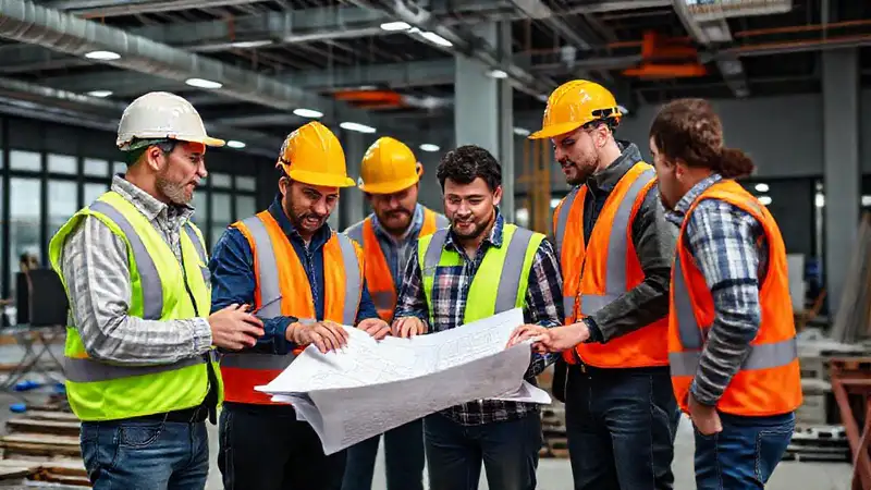 Ingenieros colaborando en proyecto de construcción moderna