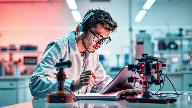 Estudiante con tecnología avanzada en laboratorio futurista
