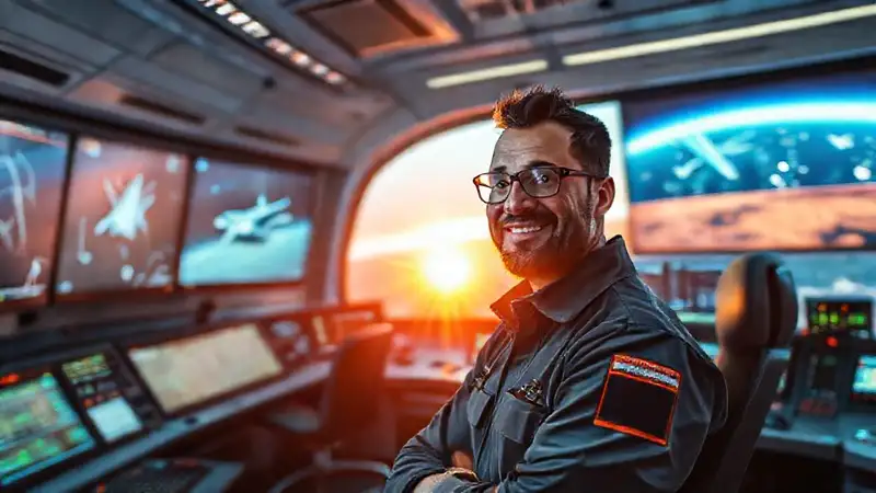 Ingeniero confiado en control aeroespacial futurista