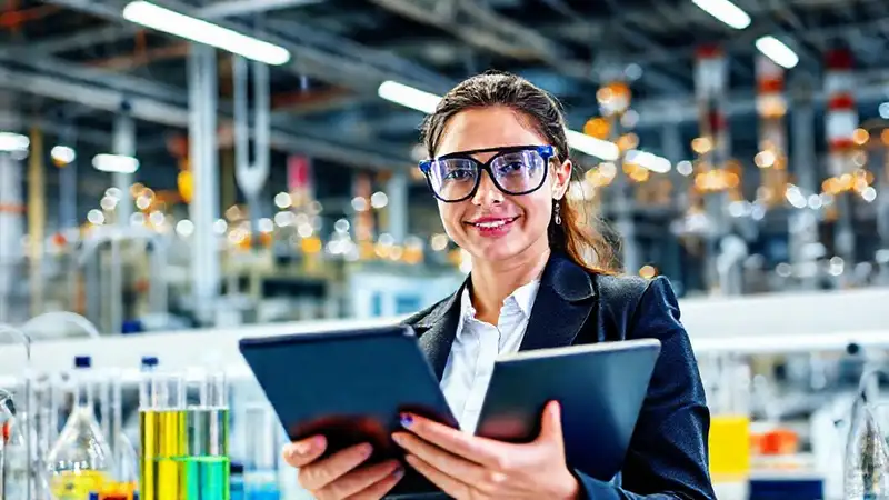 Estudiante de ingeniería química en laboratorio moderno
