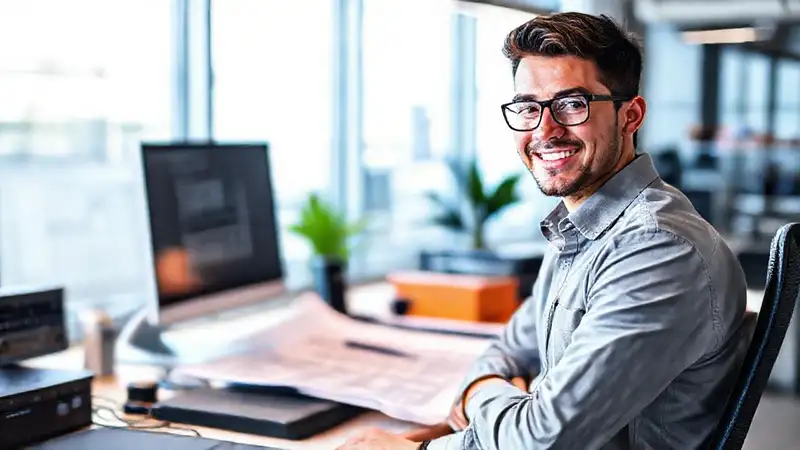Ingeniero joven, confiado en oficina moderna