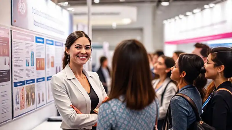 Mujer profesional presenta logros en feria biomédica