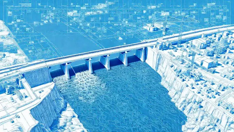 Plano de ingeniería civil con agua y estructuras