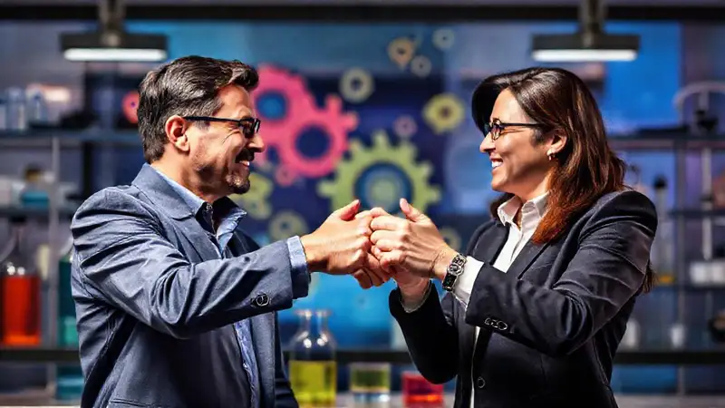 Profesionales estrechándose manos en laboratorio moderno