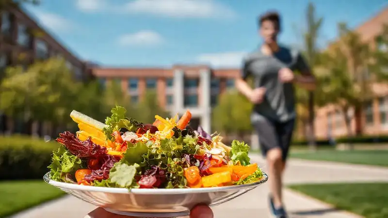 Plato saludable y estudiante activo en exteriores