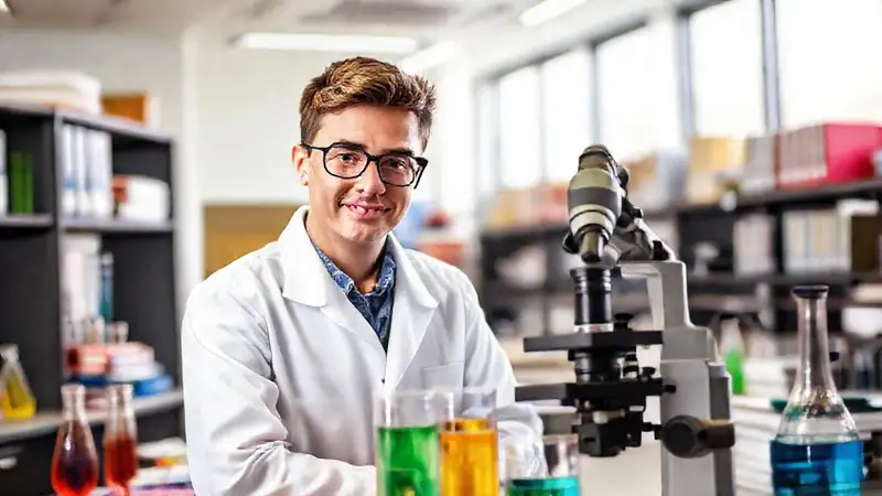 Estudiante en laboratorio con equipo y reactivos