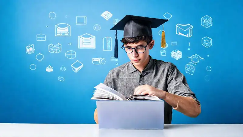 Estudiante estudiando con libros y computadora