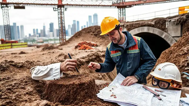 Ingeniero geotécnico evalúa suelo y riesgos