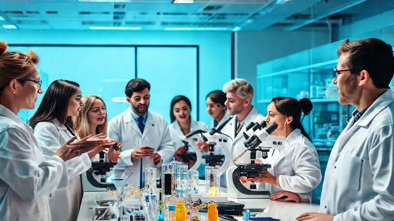 Equipo de científicos colaborando en laboratorio moderno