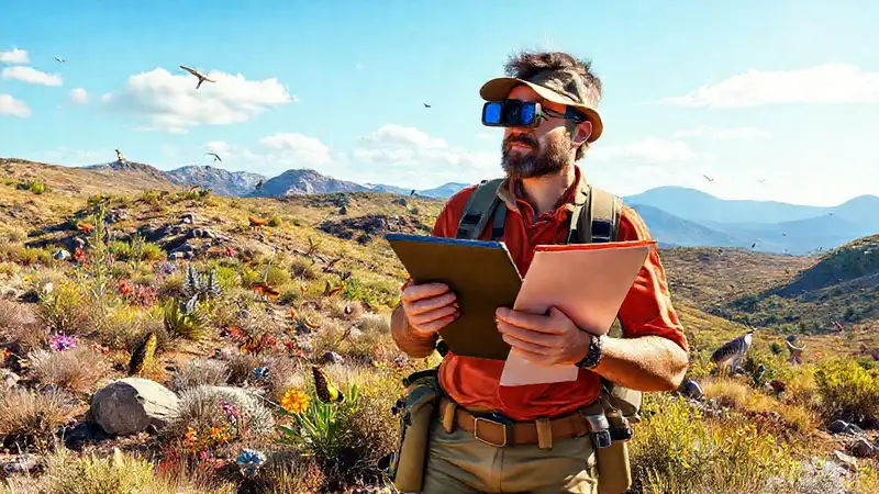 Investigador en campo observa naturaleza en terreno