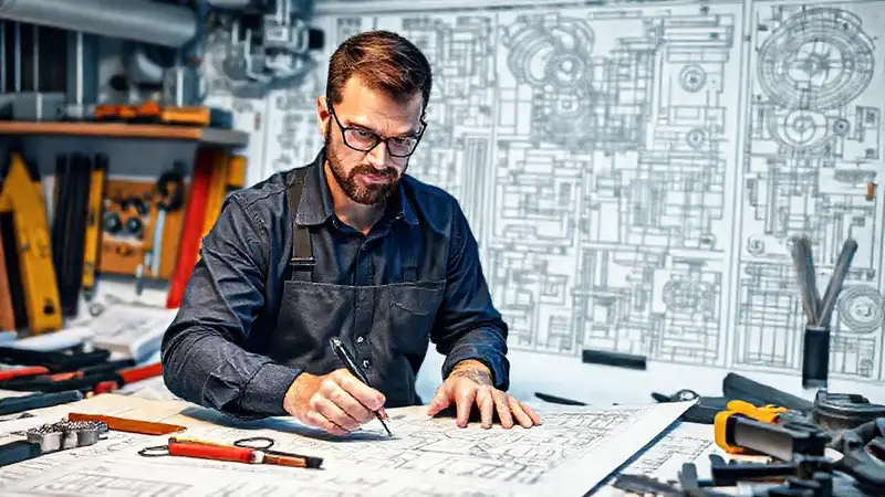 Ingeniero revisando planos en espacio moderno