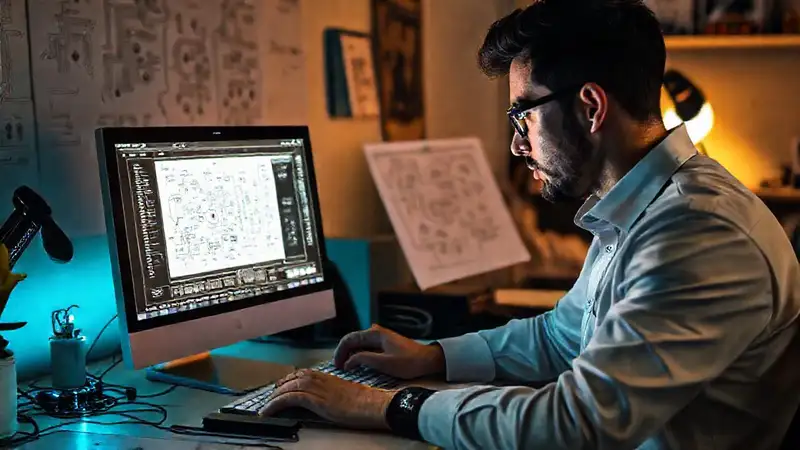 Diseñador crea esquemas electrónicos en computadora moderna