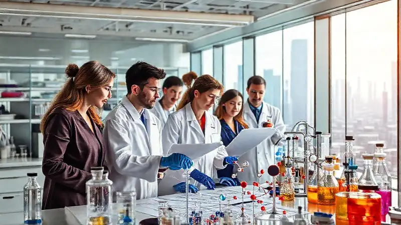 Ingeniero químico en laboratorio futurista colaborando