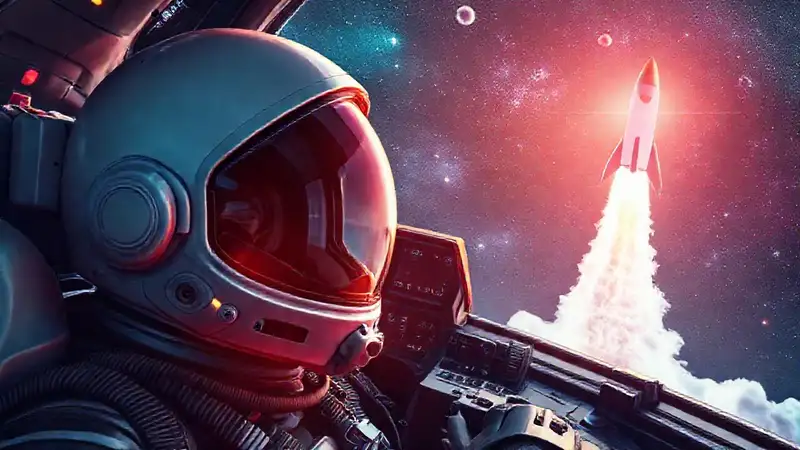 Casco futurista y nave espacial avanzada