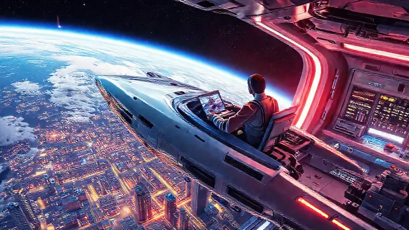 Ingeniera aeroespacial futurista en nave orbital