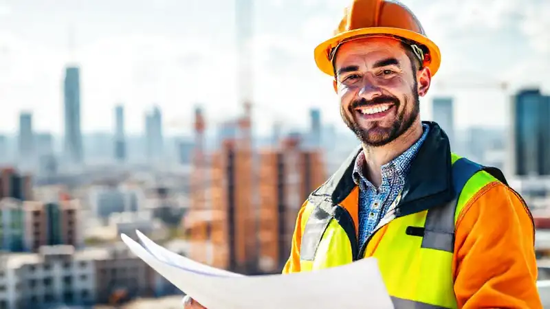 Ingeniero sonriente en obra, confiado y profesional