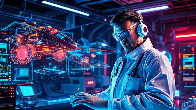 Ingeniero aeroespacial futurista con diseños holográficos