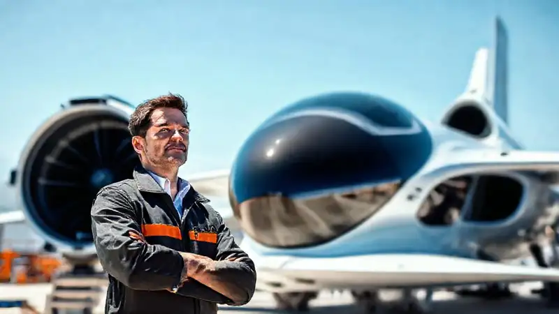 Ingeniero confiado inspecciona nave futurista y moderna