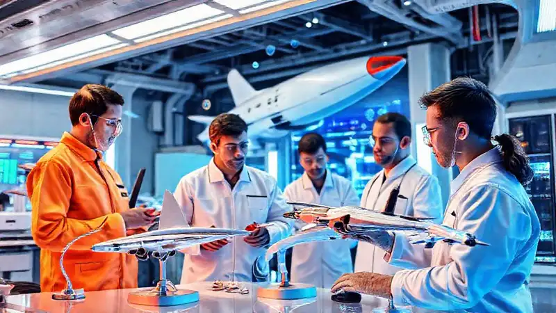 Laboratorio futurista con ingenieros y naves innovadoras