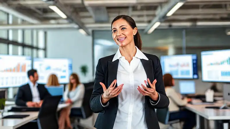 Mujer profesional presenta en entorno moderno y diverso