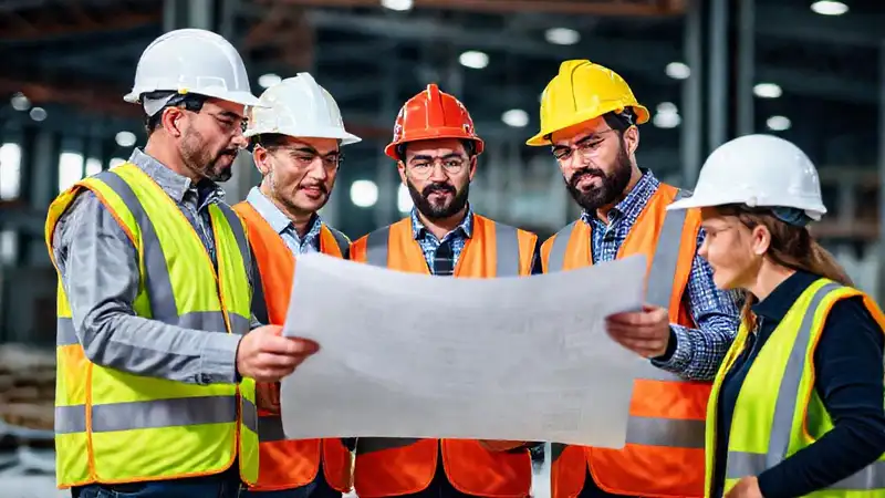 Equipo de ingeniería civil discute planos en obra