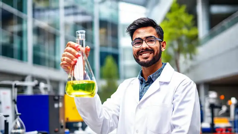 Estudiante de laboratorio con expresión esperanzada