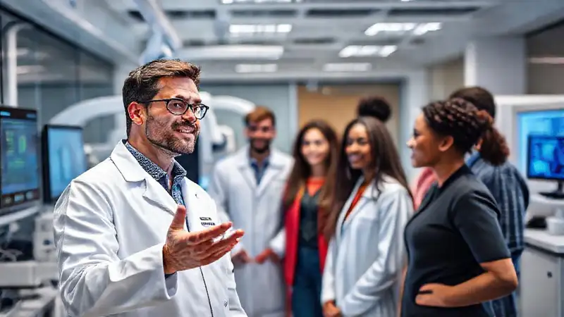 Ingeniero biomédico presenta en laboratorio moderno