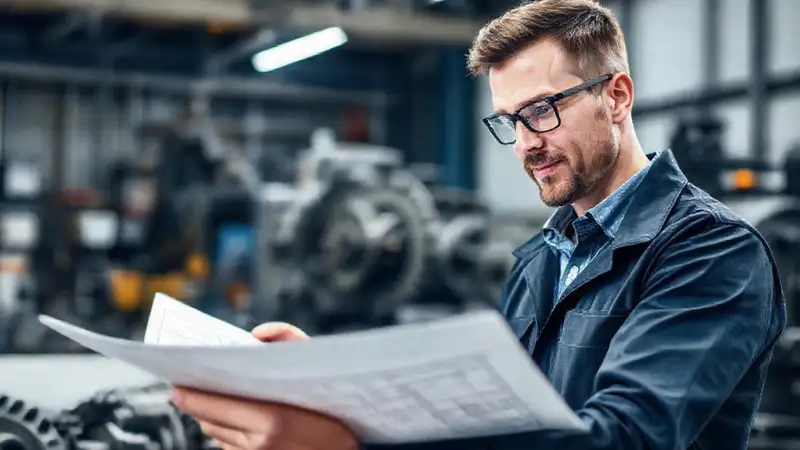 Ingeniero diseñando maquinaria en taller moderno