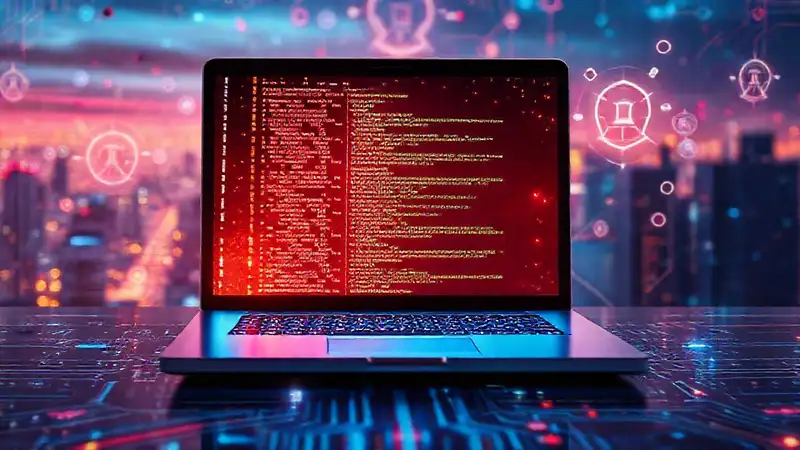 Laptop futurista con códigos y redes digitales