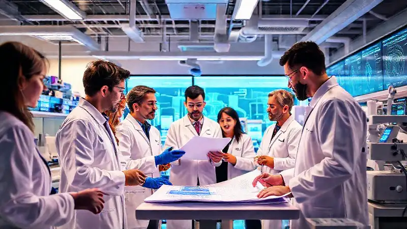 Equipo diverso trabaja en laboratorio moderno