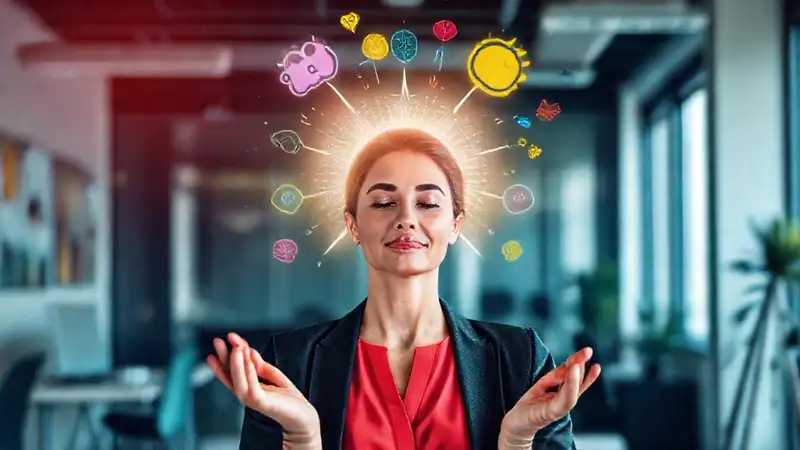 Mujer profesional meditando en ambiente inspirador