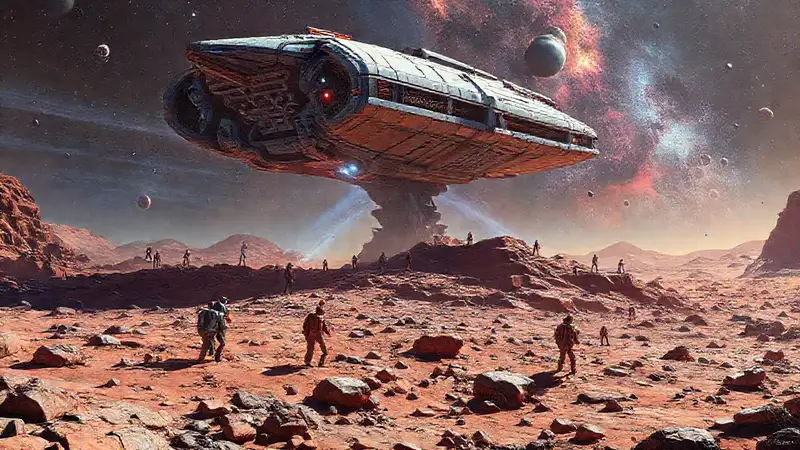 Nave futurista en planeta alienígena explorada