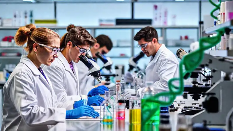 Biólogos investigando en laboratorio moderno y profesional