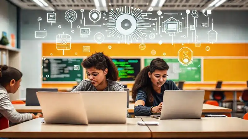Estudiantes aprenden tecnología con íconos digitales