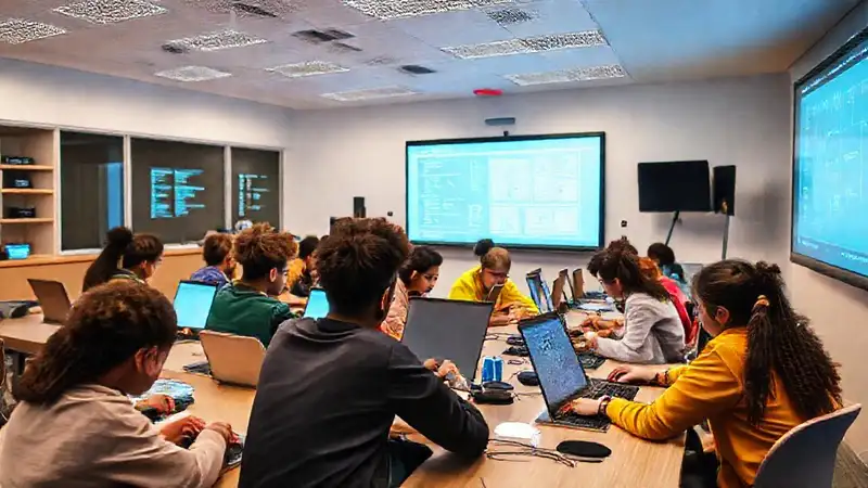 Grupo diverso de estudiantes programando en aula moderna