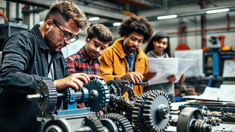 Estudiante crea proyecto mecánico en taller industrial