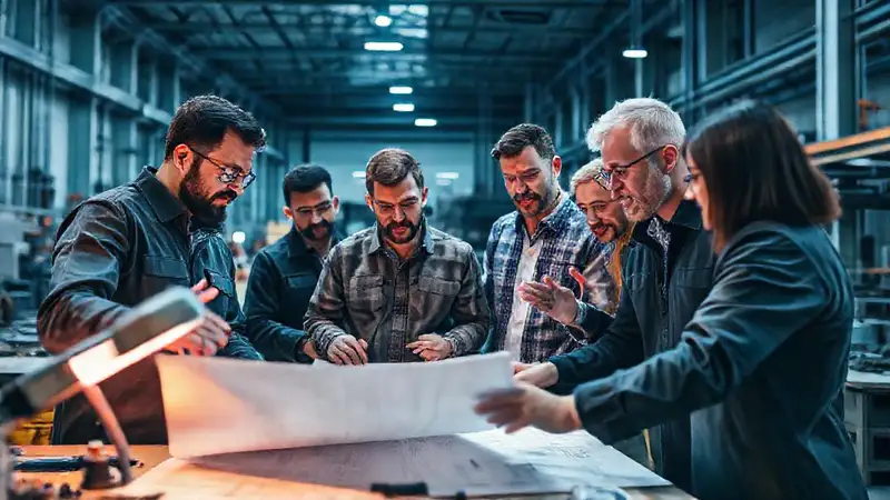Ingenieros colaborando en taller industrial moderno