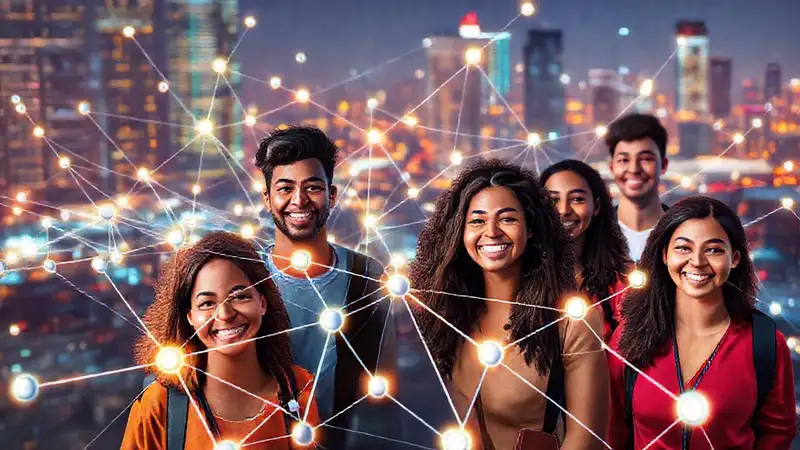 Estudiantes conectados en red colaborativa futurista