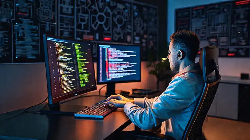 Programador trabajando en código en oficina moderna