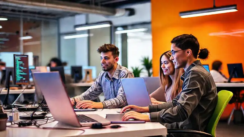Profesionales jóvenes trabajando en oficina moderna
