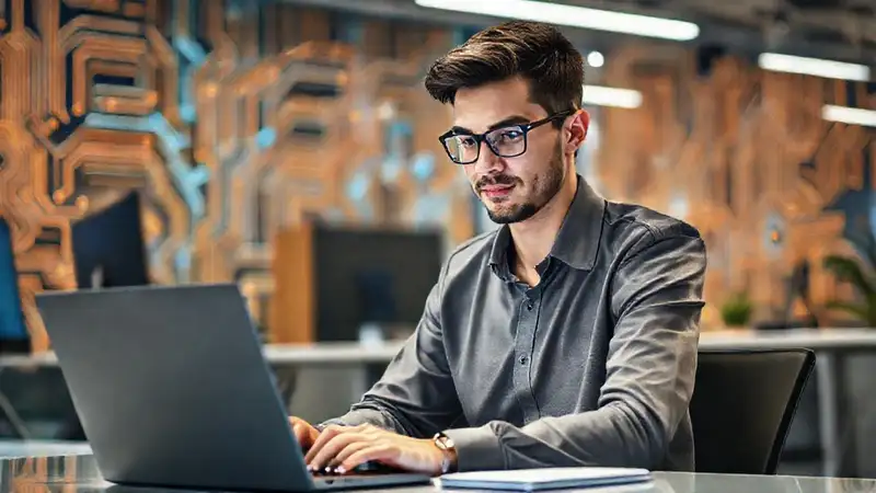 Joven profesional concentrado en oficina moderna