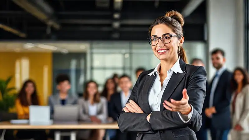 Mujer profesional lidera equipo en oficina moderna